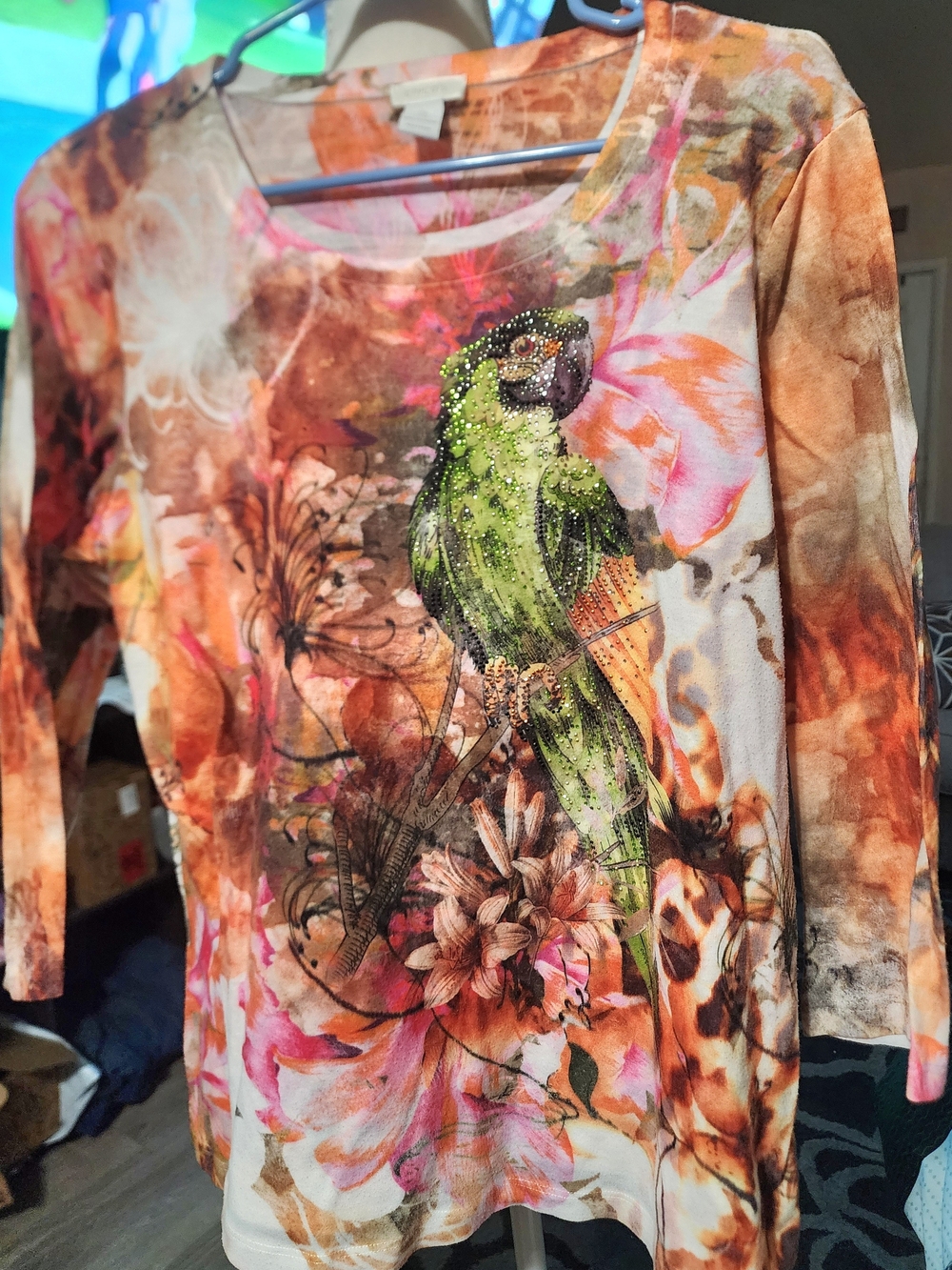 Chico's Green Parrot Floral Print Top in Orange and Pink Sz 2
